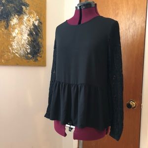 LOFT Black and Lace Long Sleeve Blouse